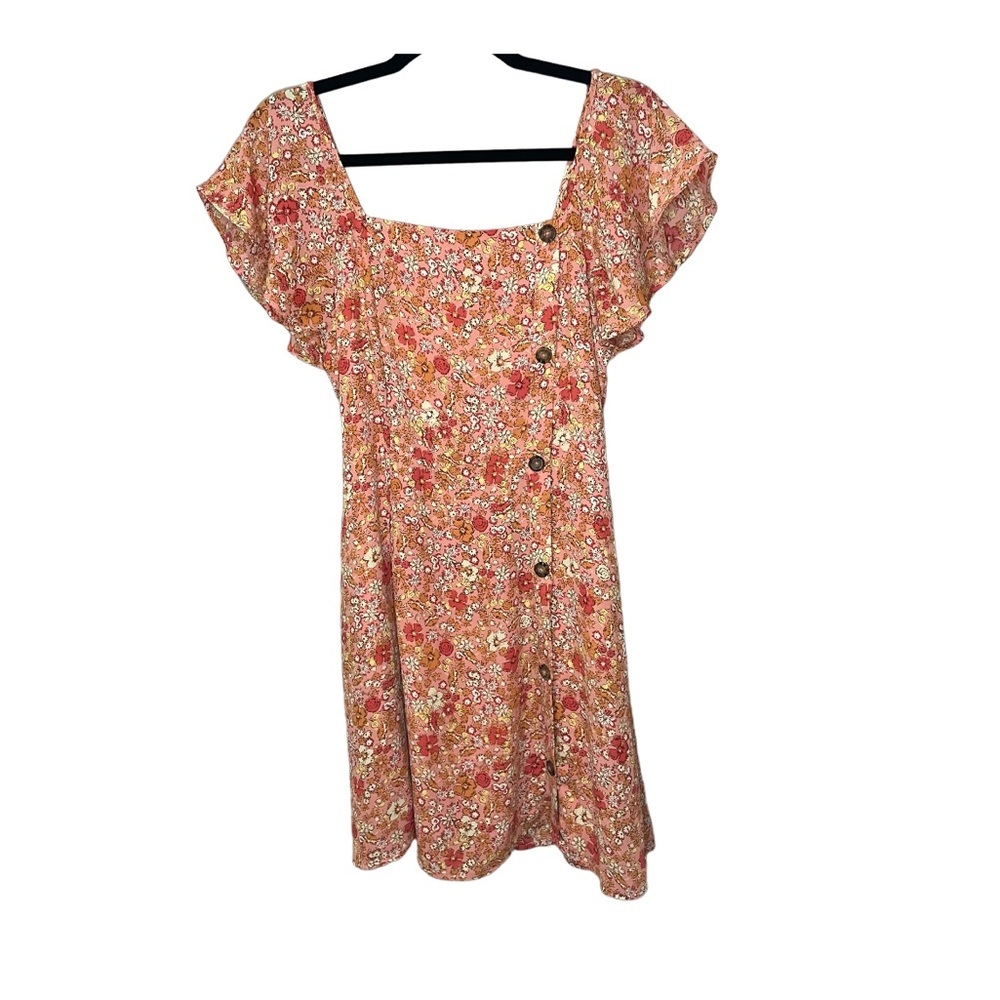 SIENNA SKY Mini Dress Floral Design Flutter Sleeves Buttons  Smocked SZ L  EUC